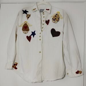 Vintage BonJour White Button up Long Sleeve Appliqué Shirt 1990’s Handmade